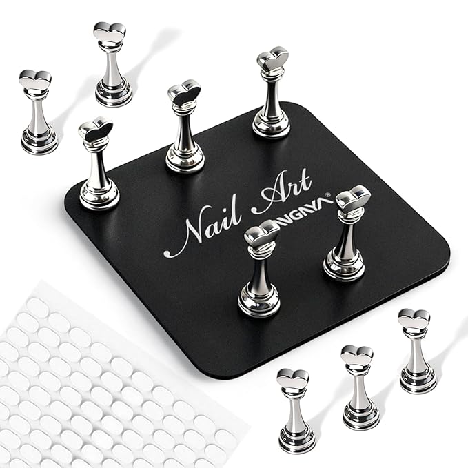 ANGNYA Nail Stand for Press Ons,Square Shape Super Magnetic Base Nail Holder for Painting Nails with 200 Pcs Reusable Double-Sided Tape for Nails Practice Nail Tools Home DIY Salon Supplies