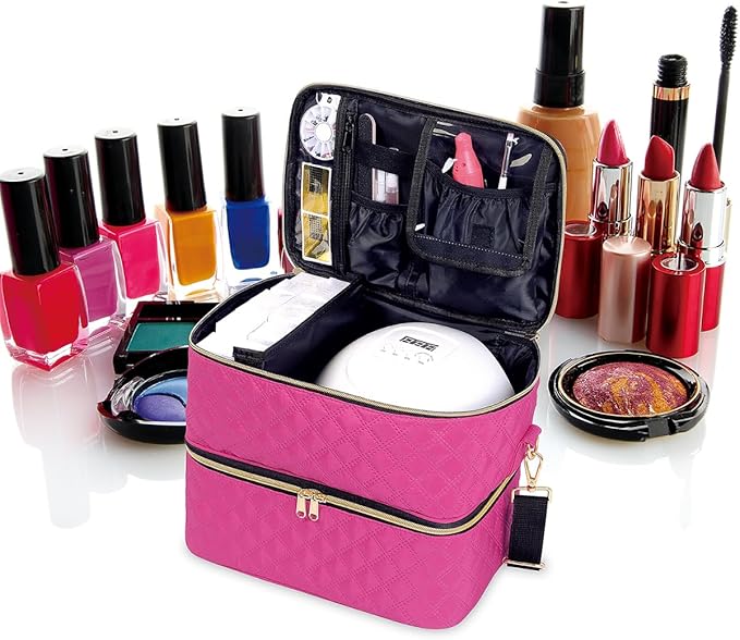 Nail Polish Organizer Case Holds 40 Bottles(15ml/0.5fl.oz) and Nail Lamp, Double Layer Nail Polish Storage with Adjustable Dividers,Portable Carrying Bag for Nail Kit, Manicure Tools Rose Red