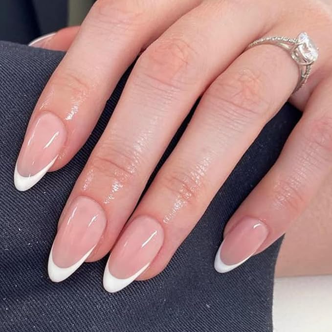 Modelones French Tip Press on Nails Almond, Valentines Short Almond Fake Nails for Women, Reusable Nail Kit with Nail Glue Adhesive Tabs Mini Nail File, Nails Press Ons 32Pcs 16 Sizes ﻿