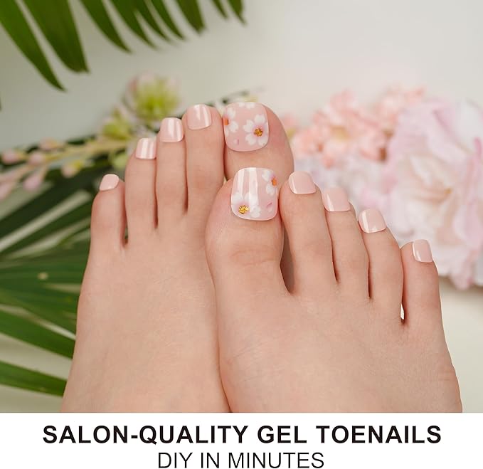 DANNI & TONI Semi Cured Gel Toenail Strips (Flowers) Nude Gel Toenail Stickers Petals Glazed Pedi 37 Stickers