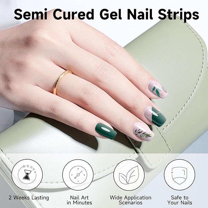 Semi Cured Gel Nail Strips (Green), 28 pcs Gel Nail Stickers, Work with Any UV Lights, Long-Lasting NailWraps for Women Art DIY Gift, Salon-Quality, Easy to Apply & Remove
