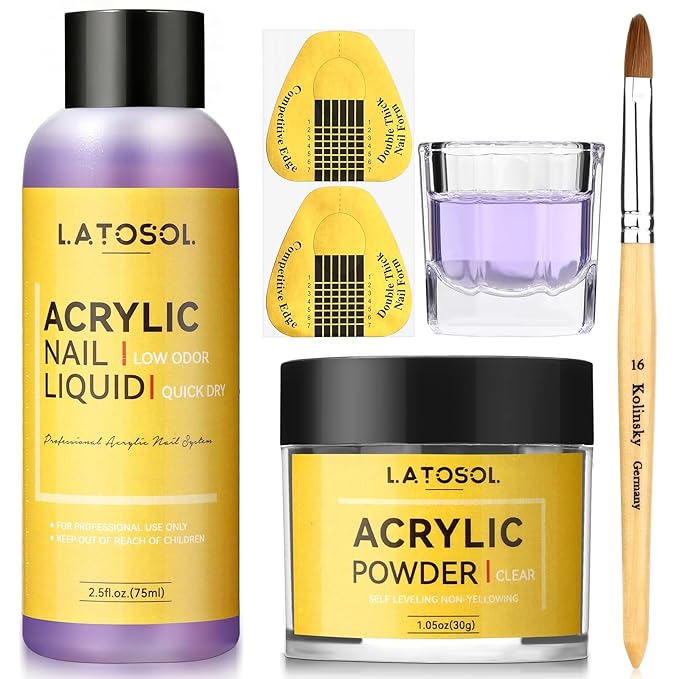 Clear Acrylic Nail Kit - Quick Dry Long Lasting Acrylic Powder & Liquid Set with Kolinsky Brush, Nail Forms for Home DIY & Salon Professional Use
