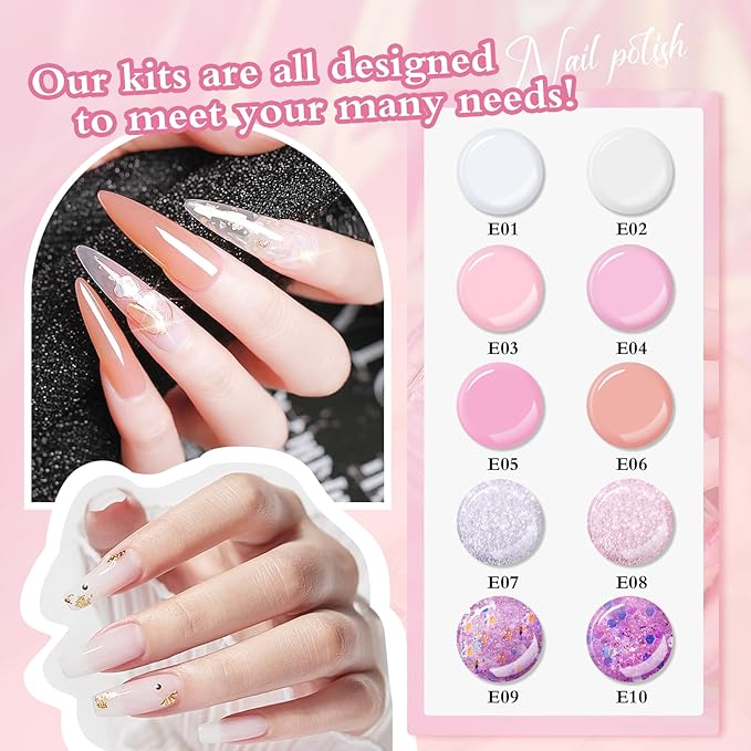 Poly Nail Gel Kit with 10 Colors (15g Each), All-in-One Acrylic Nail Kit with Mini UV Lamp, Slip Solution, Base & Top Coats, Nail Extension Gel Set with Tools, Beginner Friendly Christmas Gift Set