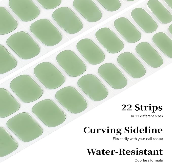 Semi Cured Gel Nail Strips Army Green Solid Gel Nail Stickers with UV/LED Required Long Lasting Gel Nail Stickers for Spring Includes 22 Strips 2 Prep Pads, Nail File & Wooden Stick