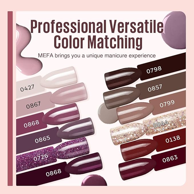 MEFA 19 Pcs Gel Nail Polish Kit with U V Light, 12 Colors Burgundy Red Polish Set Champagne Gold Glitter Nail Polish Soak Off Purple Manicure Tools Beginners Salon Nails Art DIY for Women