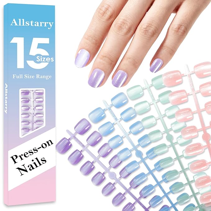 Allstarry Cat Eye Press on Nails, 15 Full Sizes Range Cat Eye Nails Press Ons 4 Colors Cateye Presson Nail for Women 120pcs Green Purple Blue Pink Glossy Short Square Fake Nail Tips Stick DIY Salon