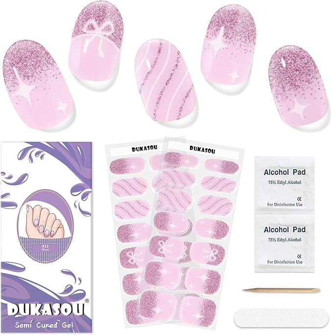 Semi Cured Gel Nail Strips,28 pcs Gel Nail Stickers Wraps Work with UV Lamp,Long Lasting Polish Stickers UV Cure,Easy to Apply