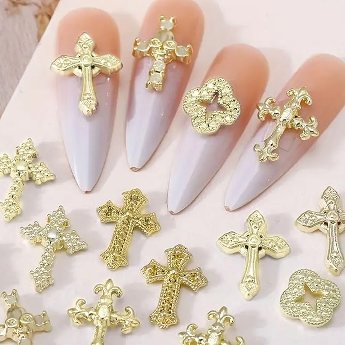 3D Cross Nail Charms for Nail Art, 60 Pcs Metal Crystal Cross Nail Decorations, Alloy Nail Studs and Rhinestones for Women Girl DIY Jewelry Crafts Supplies (Gold B)