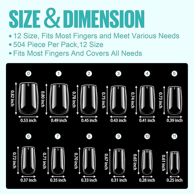 TOMICCA Short Square Nail Tips, 504Pcs Clear Press on Nails Square Full Cover Nail Tips Clear False Press on Nails, Soft Tips for Gel Nail Extension DIY Nail Salon 12 Sizes