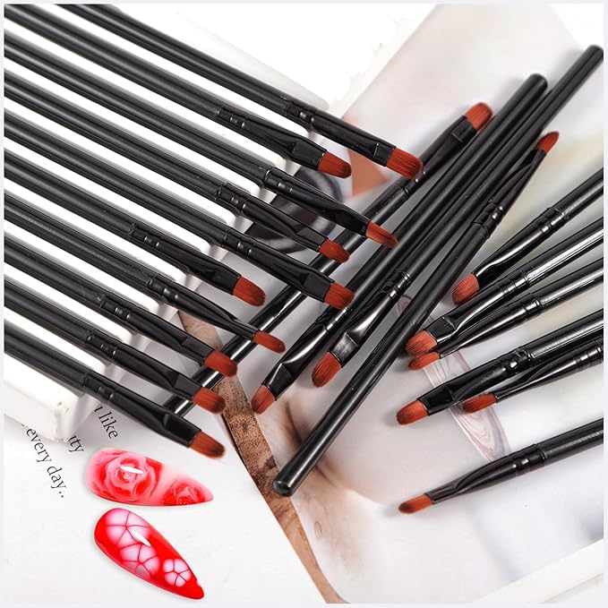 WOKOTO 20 PCS Round And Slanted Tip Nail Art Brushes Set, UV Gel Builder Black Acrylic Nail Brushes For Acrylic Nails, French Nail Design Brushes For Nail Art Design Painting Brush Cleaning Pens