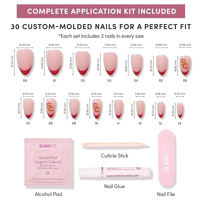 Glamnetic x Fanatics Press On Nails - USC Trojans | Short Almond Fake Nails, Collegiate Trojan Red French Tips, College Nails, Salon-Quality | 15 Sizes - 30 Nail Kit with Glue