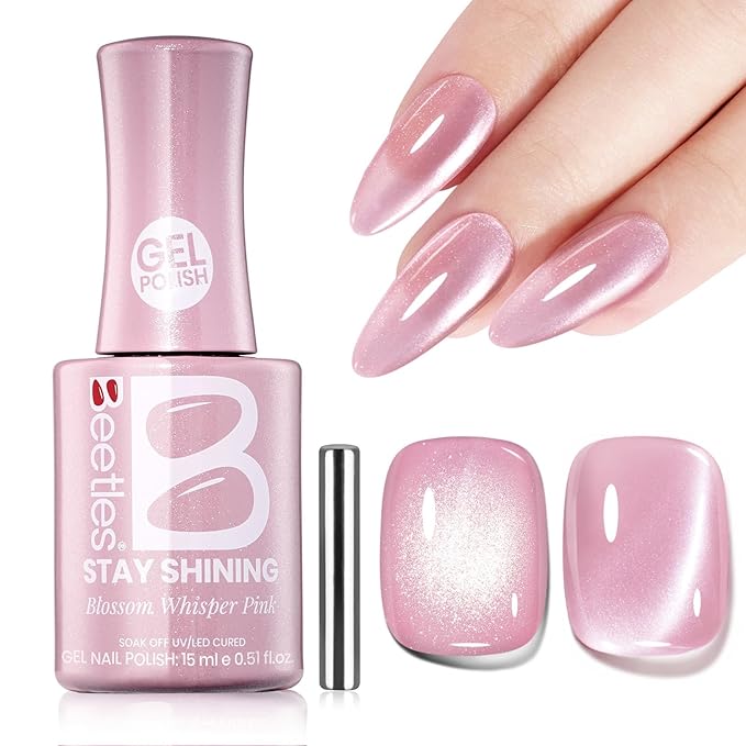 Beetles Stay shining Pink Cat Eye Gel Nail Polish - 15ML Blossom Whisper Pink Cat Eye Glitter Gel Polish with Magnet Jelly Translucent Glass Effect Soak Off UV DIY Manicure Spring Gift for Women