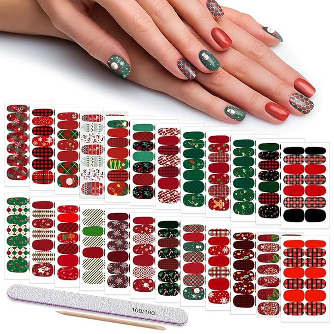 DANNEASY 336 Pieces 24 Sheets Christmas Nail Wraps Self Adhesive Nail Art Stickers Nail Polish Strips Gel Nail Sticker for Women with File, Cuticle Stick (Classic Series)