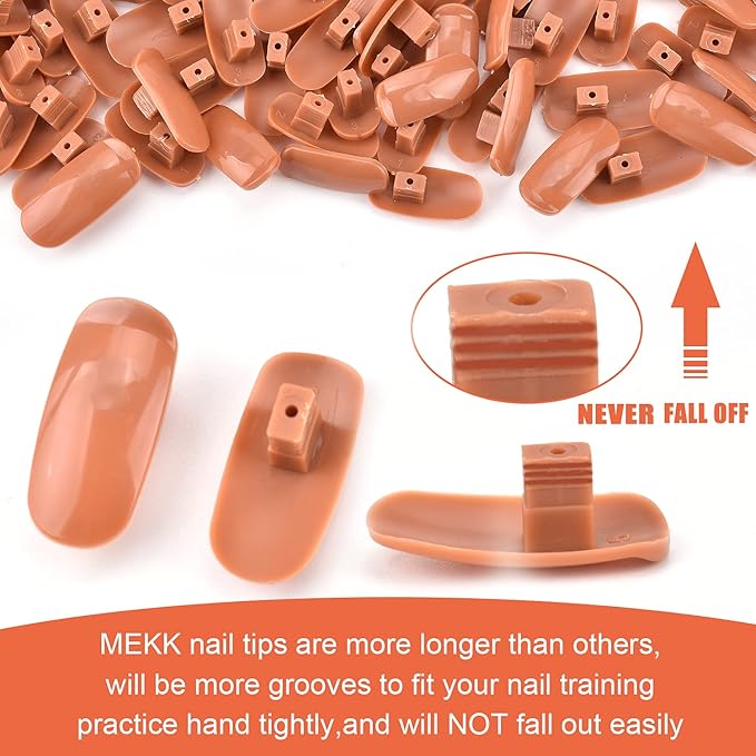 MEKK 200PCS Replacement False Nail Tips for Nail Practice Hand,Refill Nail Tips for Practice Hand & DIY Nail Art-Brown
