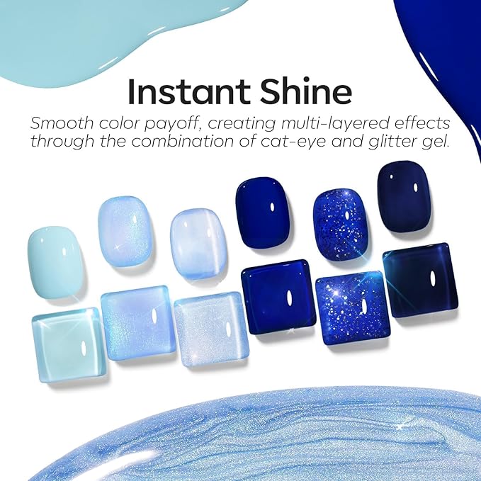 modelones Hema Free Gel Nail Polish, 6 Colors 2026 Spring Pastel Royal Navy Sky Icy Klein Blue Glitter Gel Polish Galaxy Dark Blue 9D Cat Eye Nail Polish with Magnet Soak Off Led Nail Art Kit