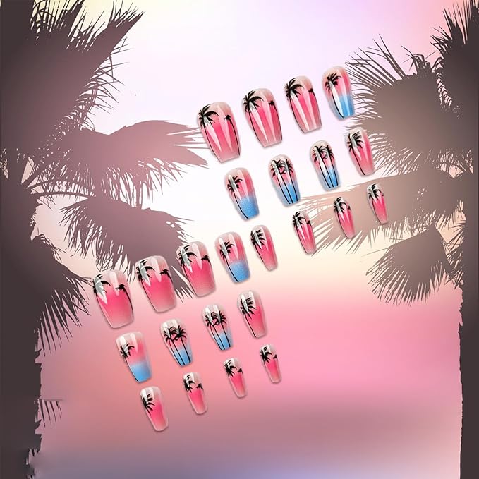 French Tip Press on Nails Medium Coffin Fake Nails with Coconut Tree Designs Seaside Starry Sky Gradient Glue on Nails Pink Blue Acrylic Nails Summer Beach Stick on Nails for Women Girls