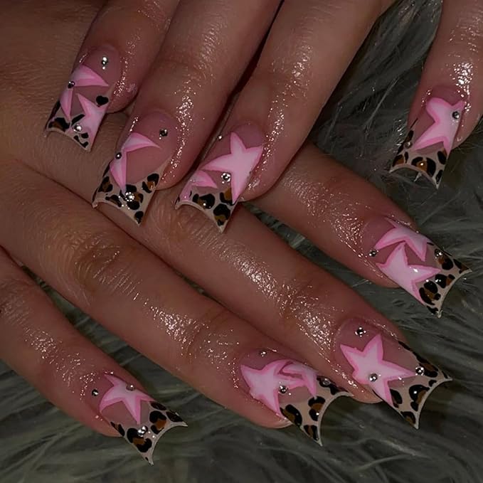 Star Press on Nails Leopard Print Fake Nails French Tip Glue on Nails with Rhinestone Design Glossy False Nails Reusable Artificial Acrylic Full Cover Duck Stick on Nails for Women Manicure 24Pcs
