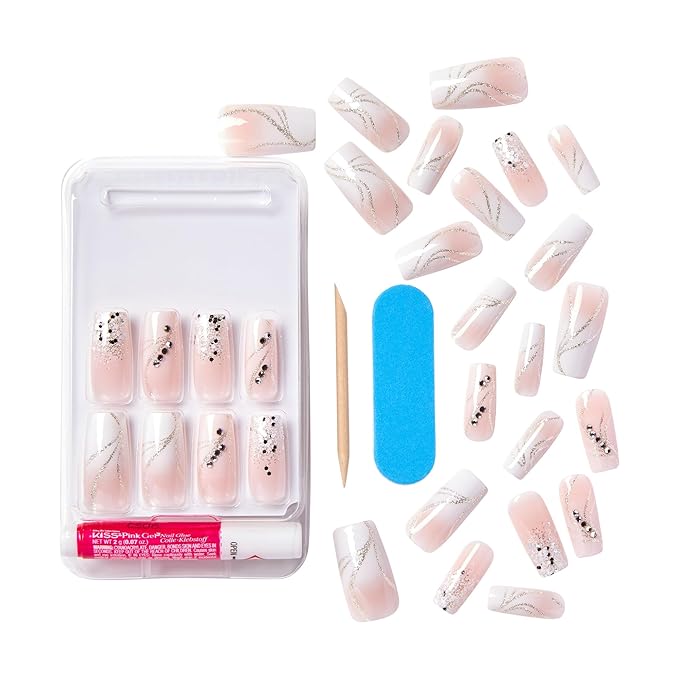 KISS Classy, Press On Nails, Nail glue included, 'Stunning!', French, Long Size, Square Shape, Includes 30 Nails, 2g Glue, 1 Manicure Stick, 1 Mini file