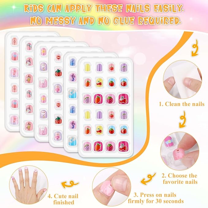 144 Pcs Small Kids Nails Set, Thrilez 6 Pack Mini Press on Nail Pre-glue Artificial False Acrylic Nails Set for Little Girl Children