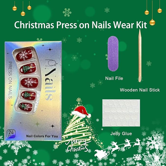 Red Christmas Press on Nails Christmas Trees Elk Snowflake Snowman False Nails Short Oval Xmas Fake Nail Winter Stick on Nail for Women 24 Pcs
