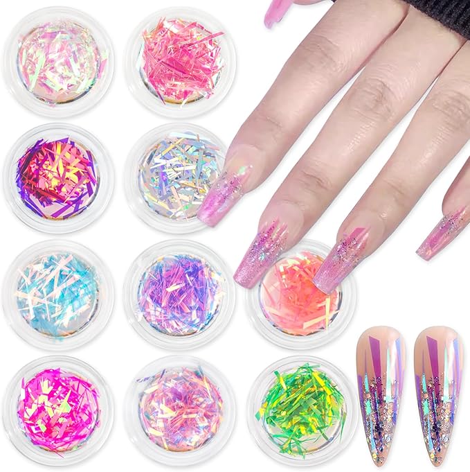 SILPECWEE 12 Boxes Glass Nail Foil Cellophane Aurora Nail Art Foil Sheets Glass Paper Laser Nail Stickers Iridescent Nail Designs Stickers Holographic Nail Film 3D Nail Decoration