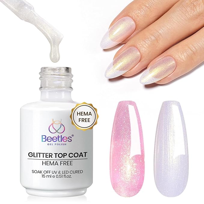 Beetles Hema Free Glitter Gel Top Coat for French Tip Press on Nails Pearl Shimmer Glitter Green 2-IN-1 No Wipe Top Coat, Long Lasting Soak Off Top Coat 15ml