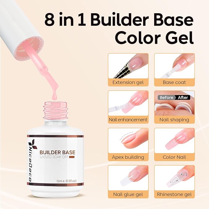 Nicedeco Hema Free Builder Nail Gel Polish 15ML 8 in 1 Builder Base Gel Cruelty Free Vegan Strengthener Gel Hard Gel Builder Extension Nail Gel -007
