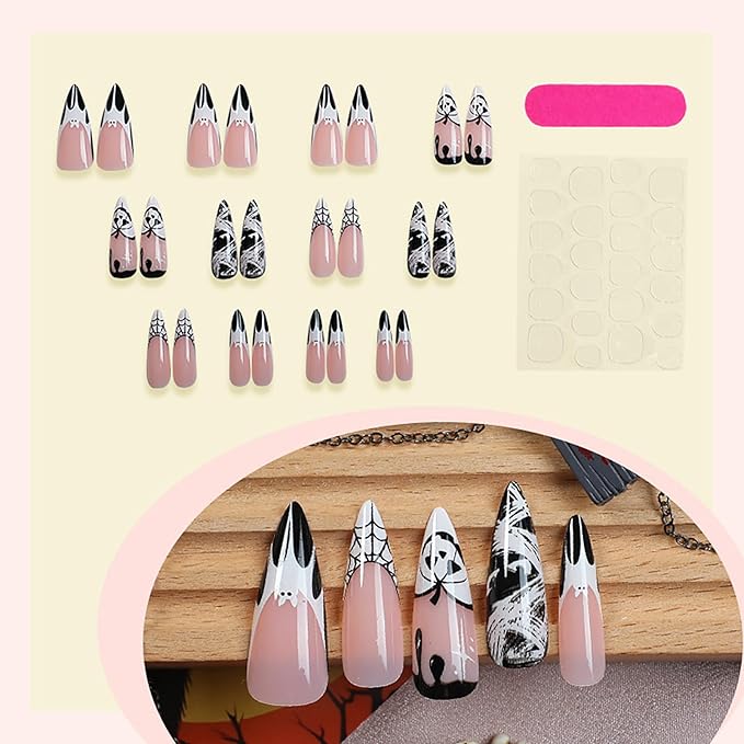 Halloween Press on Nails,White Black Ghost Fake Nails | Long Stiletto False Nails with Spider Web & Pumpkin Designs,Full Cover Stick on Nails for Women Girls | Halloween Nail Art Decor - 24Pcs