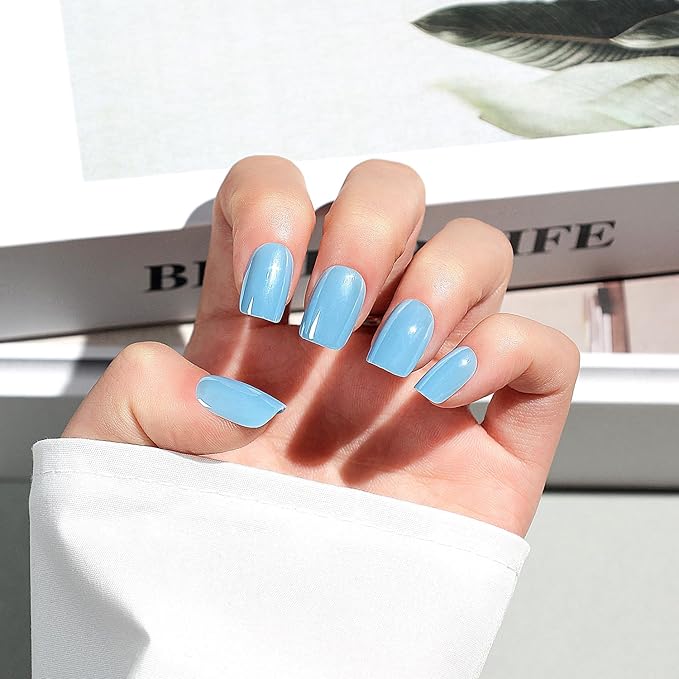 Luxbon Press On False Nails with No-Cure Nail Glue and Tool Kit – Square Acrylic Stick On Nails Soft Gel Tips 30-32pcs Full Size Set, Reusable Fake Nails for Women, White Optical Plating, Blue