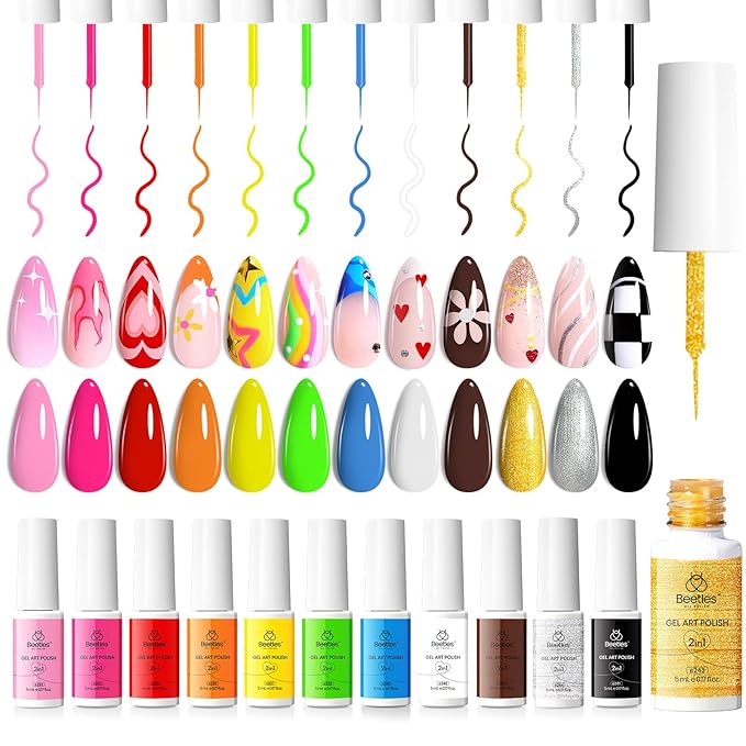 beetles Nail Art Polish Set- 12 Colors 2 IN 1 Gel Nail Polish, Pink Blue Purple Brown Black Gel Liner Polish Soak Off Nail Art Design Set, Nail Brush for Nail Painting for Women
