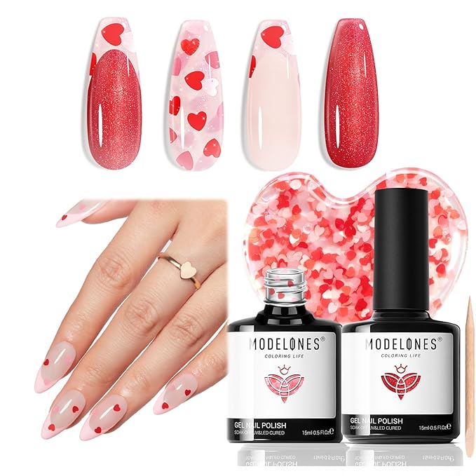 modelones Valentines Gel Nail Polish, 2 Pcs 15 ML Pink Red Gel Polish Hot Pink Red Love-heart Glitter Gel Polish Shimmer Spring Soak Off LED Nail Art DIY Gift For Women Girl