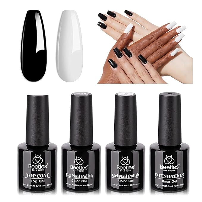 Beetles Gel Nail Polish Set - 4 Colors Black & White Collection with Base & No Wipe Top Coat | Long Lasting Soak Off UV LED Nail Gel Kit for DIY Home & Salon Use, Gift for Women