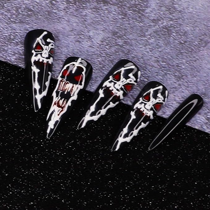 Halloween Press on Nails - Long Stiletto Fake Nails with Black Horror Demon Designs | 3D Gothic Acrylic Nail,Reusable Stick on Nail for Women Girls | 12Size - 24Pcs with Jelly Glue