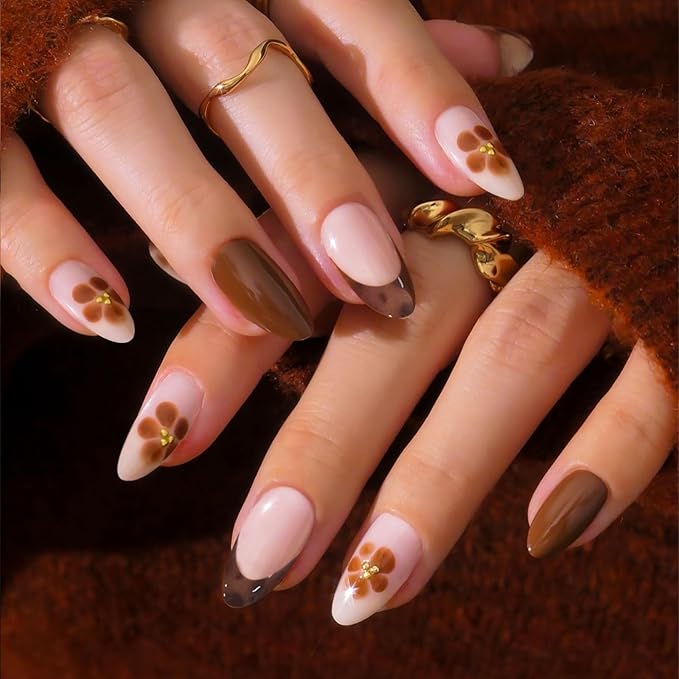 JMEOWIO Gel Nail Stickers Coffee Flower French Tip Semi Cured Gel Nail Strips Wraps UV/LED Nails Art Design Decoration Accessories