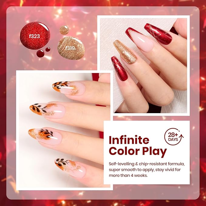 beetles Glitter Red Gel Polish - Passion Rush Collection Glitter Nails, Red Orange Gold Gel Polish Shimmer Nails Art Soak off Uv LED Manicure Gift Set Nail Trend Gift for Women