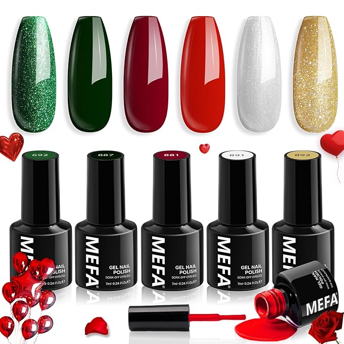 MEFA Gel Nail Polish Set, 6 Colors Burgundy Red Dark Green Glitter Gel Polish Silver Gold Sparkle Nail Polish Manicure Soak Off DIY Salon Decorations Gifts
