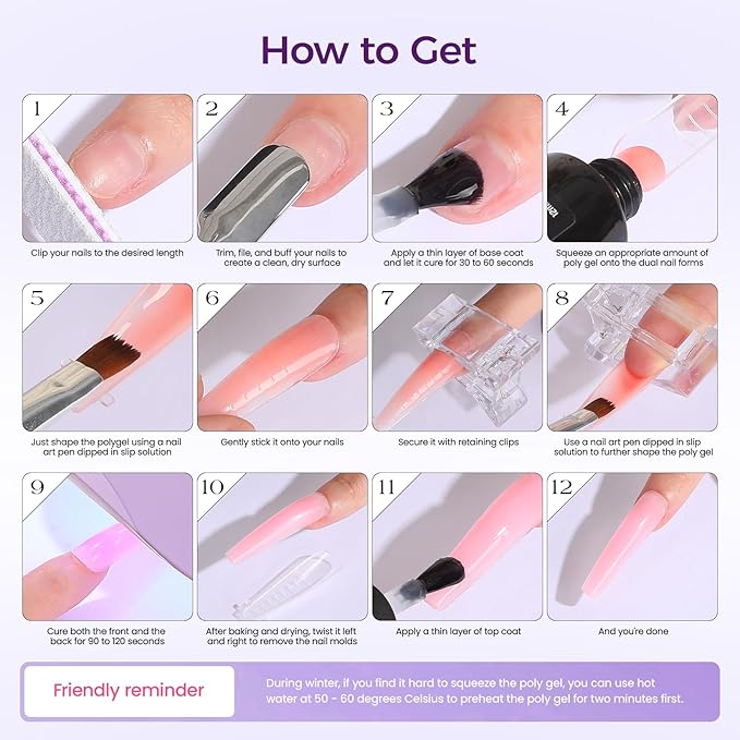 Poly Gel Nail Kit: Summer Colors Polygel Nail Kit with Slip Solution Portable UV/LED Nail Lamp and Complete Extension Accessories for Easy Home Manicure