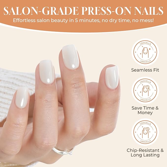 UNA GELLA Press On Nails Short: Chrome White Soft Gel Press Ons Kit with Nail Tips Glue on Nails, 16 Sizes - 32 Reusable Chrome Holographic Fake Nails Kit, Nude White