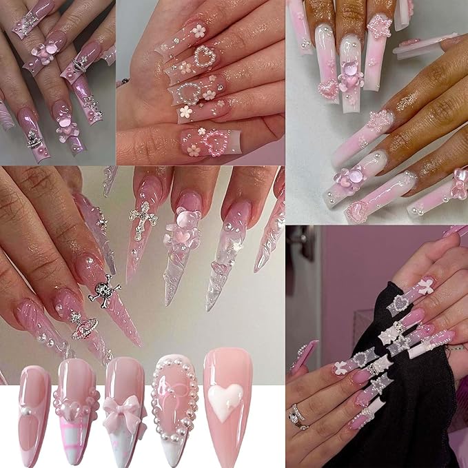 3D Nail Charms and Gems Kit Pink Cute Assorted Candy lollipop Gummy Bear Star Nail Charms with Picker Tools Kawaii Nail Art Charms for Nails Design Supplies Junk Cases DIY Decor Accessories