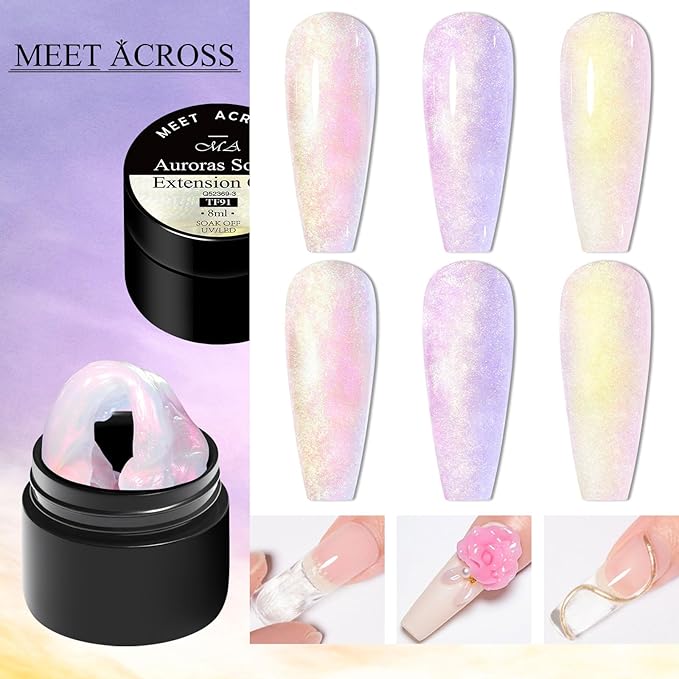 MEET ACROSS Aurora Solid Builder Gel for Nails Pink Purple Non-Stick Hand Nail Extension Gel Extension Kit Salon Gift 7PCS