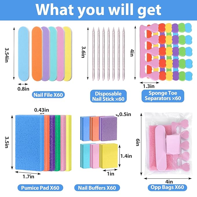 60 Sets Disposable Pedicure Kit Individually Package 5 in 1 Pedicure Tools Pumice Stone for Feet 80/100 Grit Nail File Mini Buffer Block Toe Separator Cuticle Pusher Clear Bag for Salon Home