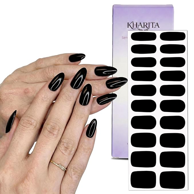 Semi Cured Gel Nail Strips – Real Gel Nail Polish Wraps for Brittle Nails | Waterproof Long Lasting Easy Peel-Off Removal | Hema-Free | 20-Piece Solid Black Salon Kit with File & Stick