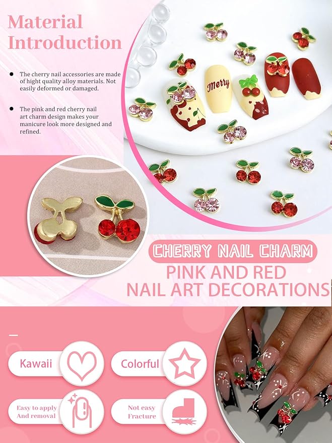 40Pcs Cherry Nail Charms, Wsimily 3D Cute Nail Art Charms Pink and Red Shiny Rhinestone Crystals Nail Accessories for Women Girls Nail Decorations DIY Craft Jewelry