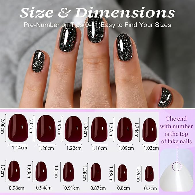 Black Press On Nails Oval Glitter -Short Press On Nails with Nail Glue, Fit Perfectly & Natural Reusable Stick On Nails in 12 Sizes - 24PCS Soft Gel Glue On Nails Kit