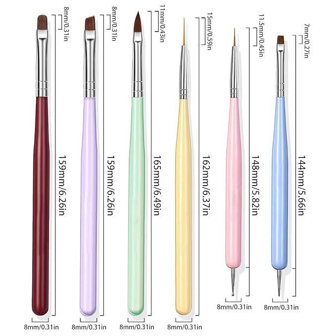 6PCS Nail Art Brushes Set, Nail Brushes for Nail Polish Nail Design Brush Gel Nail Brush for Nail Extension Nail Art Liner Brush Nail Dotting Pen Tool (N6 MKL)