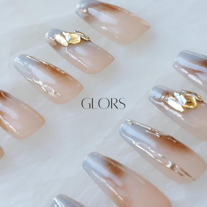 Ombre Press On Nails, Long Ballerina Style, Nude to Gray with Gold Accent, Handmade False Nail 10 Pieces (Large,LB)
