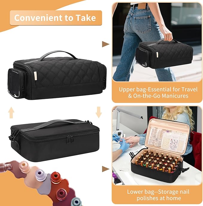 OCHEAL Nail Polish Organizer, Holds Nail Lamp and 45+ Bottles 2-in-1 Nail Polish Storage Case,Detachable Nail Techs Gel Kit Supplies Carring Bag for Manicurist Tools 45-Slot Nail Holder-Black