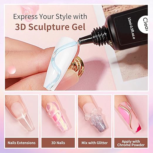 15g 3D Nail Gel and Chrome Powder Kit, Sculpting Gel Nail Art Glue for Art Designs DIY Craving Molding for Decoration Manicure Pedicure Use