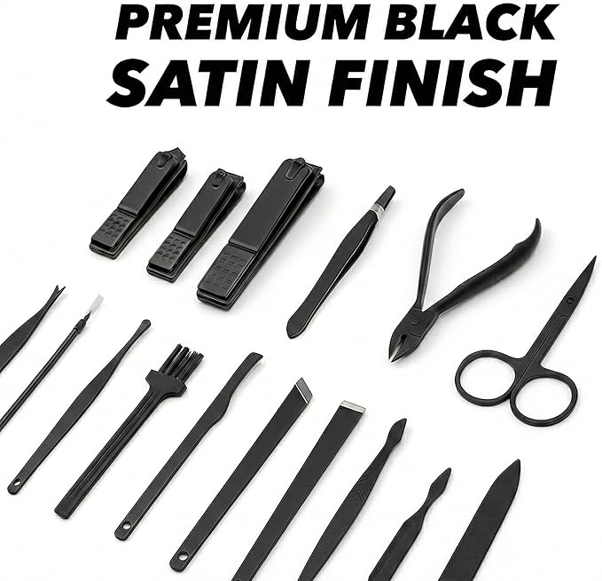 Earth & I 16pc Professional Manicure Kit - Heavy Duty Black Stainless Steel Nail Clippers for Thick Nails - Complete Pedicure Set & Grooming Tools with Portable Travel Case