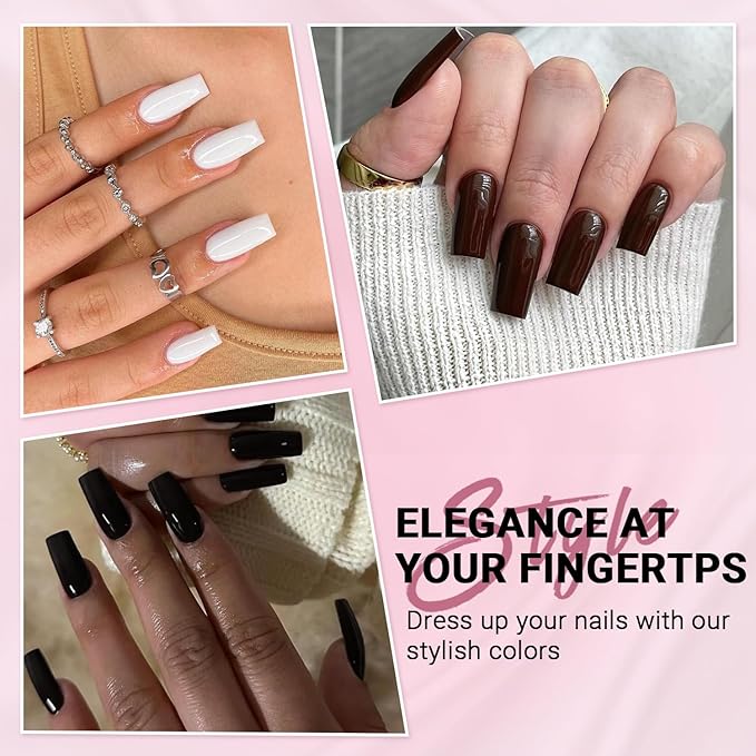 KQueenest 6 Packs Press On Nails Long, Acrylic Fake Nails Long Square, Natural Fit False Nails Press Ons, Dark Color Glue On Nails Medium Coffin for Women Valentine Day Gift Kit 144 Pcs